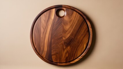 Fototapeta premium Minimalist round wooden cutting board mockup with clean light and dark striped pattern and hanging hole for kitchen use