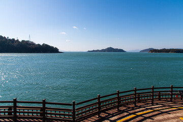 wooden observatory and islands on the sea