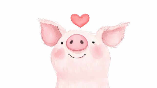 Watercolor valentine with cute animal. Cute watercolor pig illustration with a heart above its head, exuding charm and warmth.