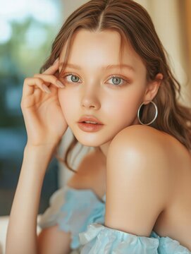 Portrait of a Young Woman with Fair Skin and Light Blue Dress 88 characters