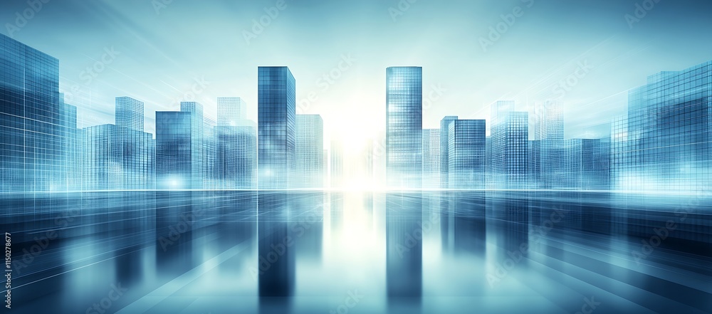 Poster digital metropolis with radiant skies and reflective modern architecture : generative ai