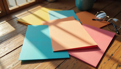 Colorful Paper Mockup on wooden table with glasses and sunlight streaming
