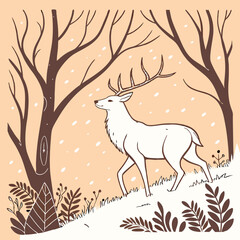 Illustration of a charming deer with large antlers, portrayed standing amongst winter foliage on a subtle, textured orange background this stylized image captures the essence of the winter season