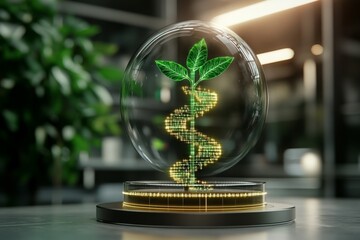 A glowing holographic GMO organism with digital strands of DNA and geometric plant patterns, floating in a sterile high-tech lab
