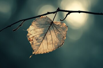 Single Dried Leaf Hanging From Branch In Sunlight