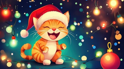 Festive Cartoon Cat in Santa Hat Joyfully Celebrating Christmas with Colorful Lights and Ornaments in a Delightful Holiday Scene