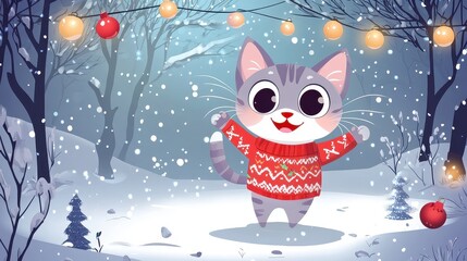 Cute cartoon cat wearing a festive red sweater enjoying a snowy winter scene with falling snowflakes and glowing holiday lights in a magical forest setting