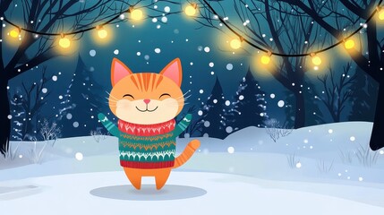 Cute Cartoon Cat in Cozy Sweater Outside During Snowy Night with Festive Lights in Background, Perfect for Winter Holiday Themes and Children's Illustrations