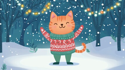 Cheerful Cartoon Cat in Colorful Sweater Enjoying a Snowy Winter Wonderland with Twinkling Lights in the Background for Holiday Themed Projects