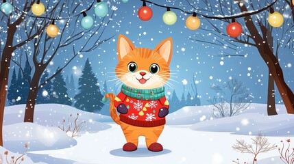 Cute cartoon cat in a colorful winter sweater surrounded by snow and festive lights, creating a whimsical and cheerful holiday atmosphere in a snowy landscape.