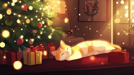 Cozy Domestic Cat Relaxing by the Christmas Tree Surrounded by Presents and Festive Lights in a Warm and Inviting Holiday Setting