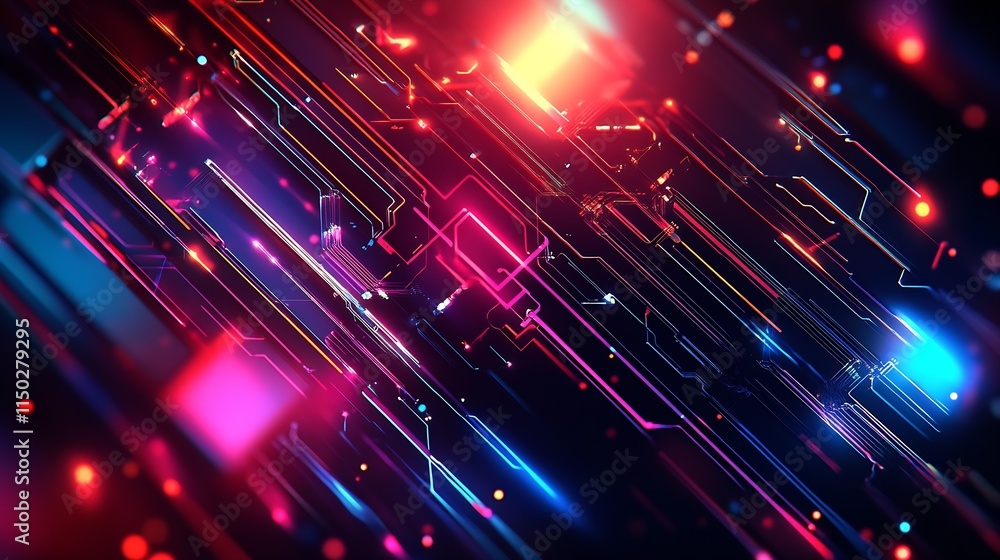 Aufkleber Dynamic Technological Abstract Lines in Neon Cyber Design : Generative AI