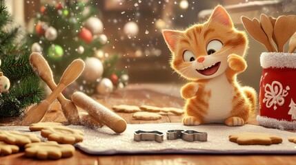 Adorable Ginger Cat Joyfully Making Festive Cookies in a Cozy Kitchen Setting Filled with Holiday Cheer and Decorations with Snowflakes Falling