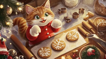 Adorable Ginger Cat in Red Sweater Making Festive Cookies in Cozy Christmas Kitchen with Vibrant Decorations and Holiday Spirit