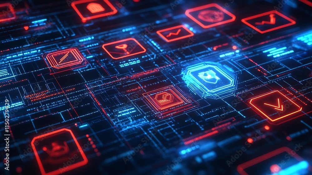 Poster Futuristic Digital Interface with Neon Cybersecurity Icons and Circuit Patterns : Generative AI