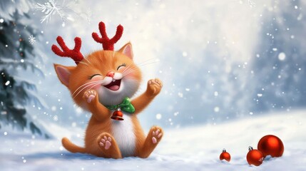 Adorable Orange Kitten with Antlers Enjoying a Snowy Winter Wonderland, Surrounded by Sparkling Snowflakes and Colorful Ornaments