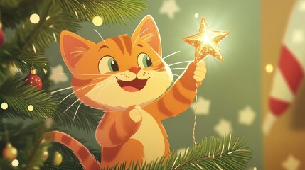 Cute Animated Cat Holding a Sparkling Star Ornament While Surrounded by Christmas Tree Decorations and Twinkling Lights in a Festive Holiday Setting