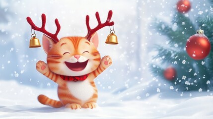 Cheerful Cartoon Cat with Antlers and Bells Celebrating Winter Holidays in a Snowy Scene with Christmas Tree and Falling Snowflakes