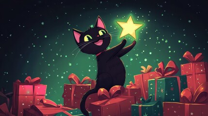 Playful Black Cat Holding Star Amidst Colorful Christmas Gifts in a Magical Winter Wonderland Scene with Snowflakes Falling and Festive Atmosphere