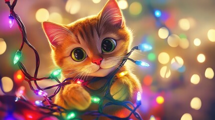 Adorable Ginger Cat Playfully Entangled in Colorful Christmas Lights with Warm Bokeh Background Creating a Joyful and Festive Holiday Atmosphere