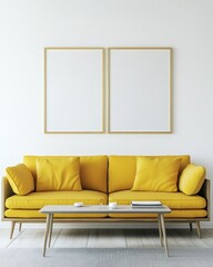 Yellow sofa, two blank frames, coffee table in minimalist living room.