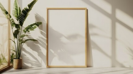 Minimalist living room with a blank wall frame and a single plant