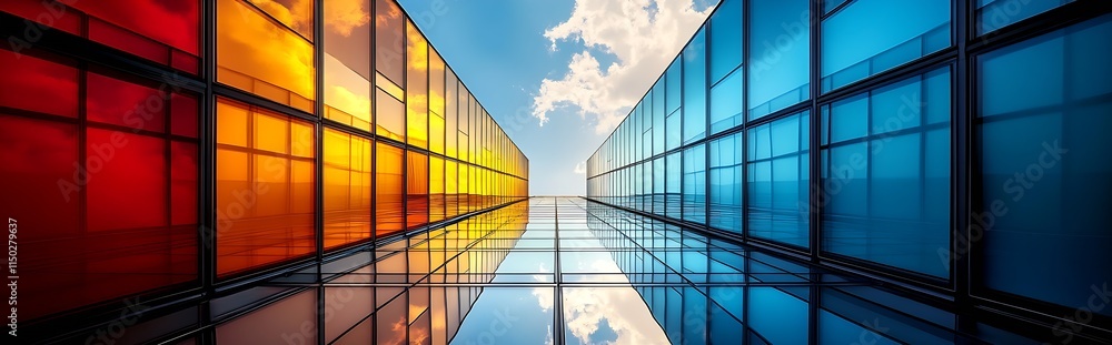 Poster Modern Architectural Glass Design with Reflections of Blue and Red : Generative AI