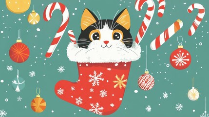 Adorable Cat in a Festive Stocking Surrounded by Christmas Decorations, Candy Canes, Ornaments, and Snowflakes for a Cheerful Holiday Vibe
