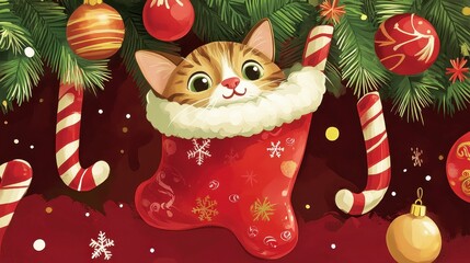 Adorable Ginger Cat Peeking Out of a Festive Christmas Stocking Surrounded by Colorful Ornaments and Holiday Decorations for a Joyful Seasonal Vibe