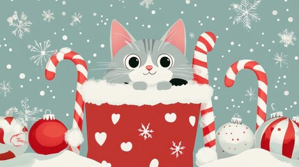 Adorable Grey Cat with Big Eyes Peeking Out of a Festive Red Bag Surrounded by Snowflakes, Candy Canes, and Colorful Christmas Ornaments in a Winter Wonderland Scene
