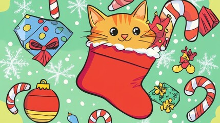 Cheerful Orange Cat in a Red Christmas Stocking Surrounded by Colorful Gifts, Candy Canes, and Festive Decor on a Snowy Green Background