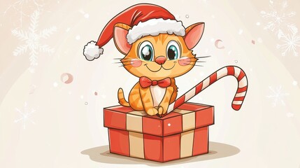 Cute Cartoon Cat with Santa Hat and Candy Cane Sitting on Gift Box Surrounded by Snowflakes, Perfect for Holiday and Christmas Theme Designs
