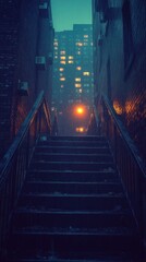 Dark, foggy city alleyway stairs leading upwards to a distant building at night.