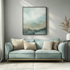 Stylish Living Room With a Blue Sofa and Abstract Wall Art Creating a Calm and Inviting Atmosphere in a Modern Interior
