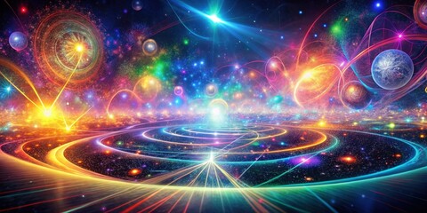 Obraz premium A Vibrant Cosmic Landscape Celestial Bodies and Energetic Light Trails Intertwined in a Multiverse of Color and Wonder