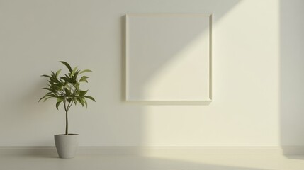 Minimalist living room with a blank wall frame and a single plant