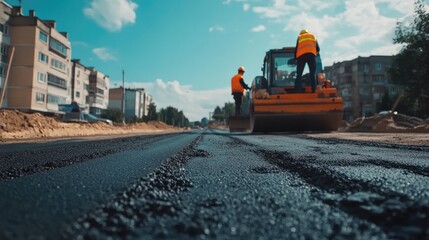 Worker are laying new asphalt road pavement in residential area. New road construction, maintenance, old potholed road rehabilitation, renovation