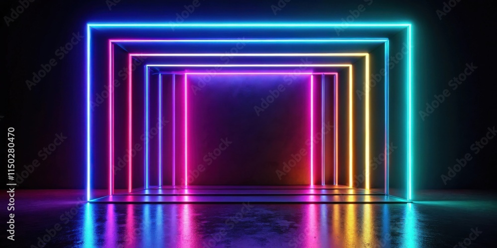 Poster abstract vibrant neon light frame with glowing colorful lines and reflective floor
