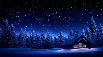 Fototapeta premium Winter Night Cabin Under Starry Sky - Peaceful winter scene, cozy cabin, snow covered trees, bright stars, New Year's celebration. Symbolizing tranquility, warmth, hope, celebration, and nature.