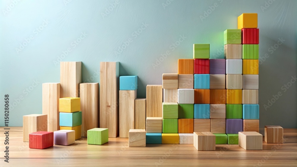 Poster Colorful Wooden Blocks Arranged in Ascending Order on a Tabletop