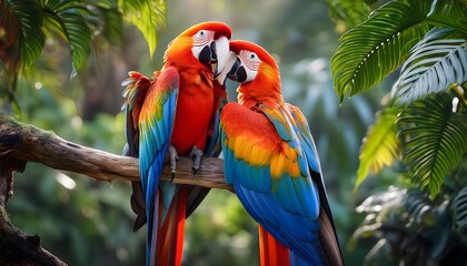 Obraz premium Scarlet Macaw Couple in Lush Tropical Rainforest
