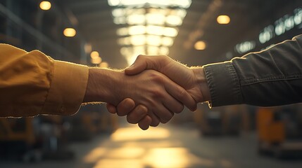 A handshake from a side angle, showcasing the delivery driver’s hand gripping the business owner’s firmly. Sunlit warehouse with high ceilings, featuring blurred outlines of industrial equipment,