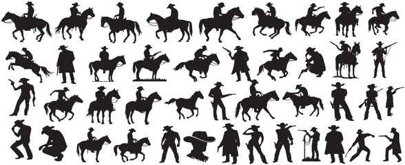 cowboy and horse running silhouettes , Cowboys ride horses, Riders on horseback isolated on white background vector