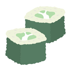 Sushi and roll pattern. Sushi seamless background. Tobiko maki, Philadelphia roll, onigiri, shrimp nigiri, futomaki, sake temaki, soy bowl, wasabi