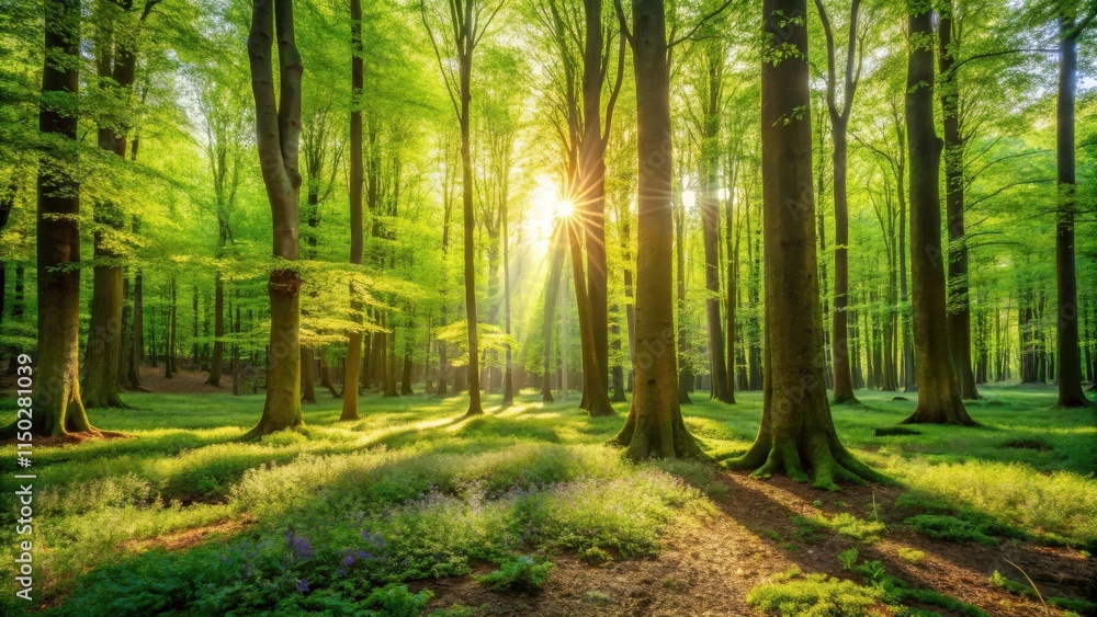 Aufkleber sunlit deciduous forest with spring blossoms and sunlight rays illuminating the canopy