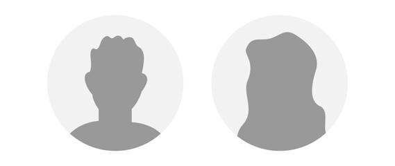 Vector flat illustration in grayscale. Icons of man and woman. Avatar, user profile, person icon, profile picture. Suitable for social media profiles, icons, screensavers and as a template.