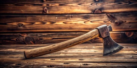 Rustic hand axe resting on weathered wooden planks