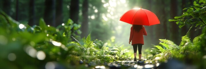Woman Walking in Forest with Red Umbrella - Serene, peaceful, solitary, protected, journey. A woman walks through a sun-dappled forest, sheltered by a vibrant red umbrella.
