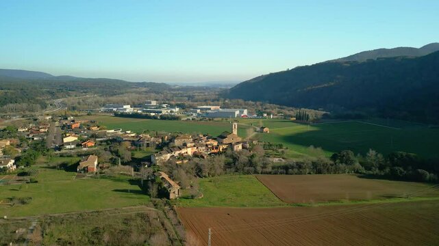 Aerial images of Argelaguer, a small village between mountains in the Garrotxa area in Girona	
