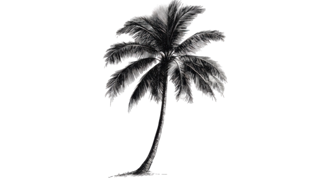 Black and White Illustration of a Coconut Palm Tree Isolated on White